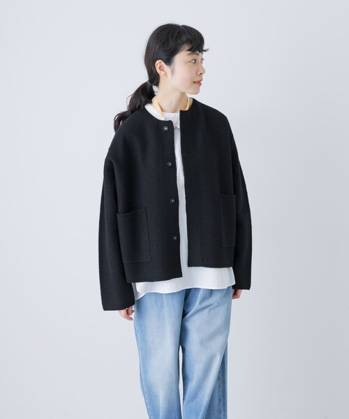 かぐれ（カグレ）の「圧縮ウールショートジャケット（ノーカラージャケット・レディース・GREGE/BLACK・Free）」の5枚目の写真
