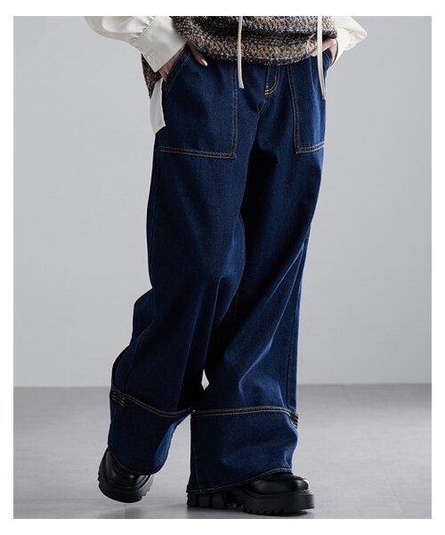 nissen（ニッセン）の「配色ステッチワイドデニムパンツ ［Soiunique］（パンツ・レディース・ネイビー/ワンウォッシュブラック・M/L/LL）」の7枚目の写真