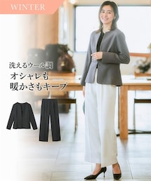 7days Life Styling | 【レディーススーツ】ペプラムジャケットパンツスーツ（ノーカラージャケット＋ワイドパンツ）（ストレッチウール調シリーズ）＜大きいサイズ有＞(スーツセット)