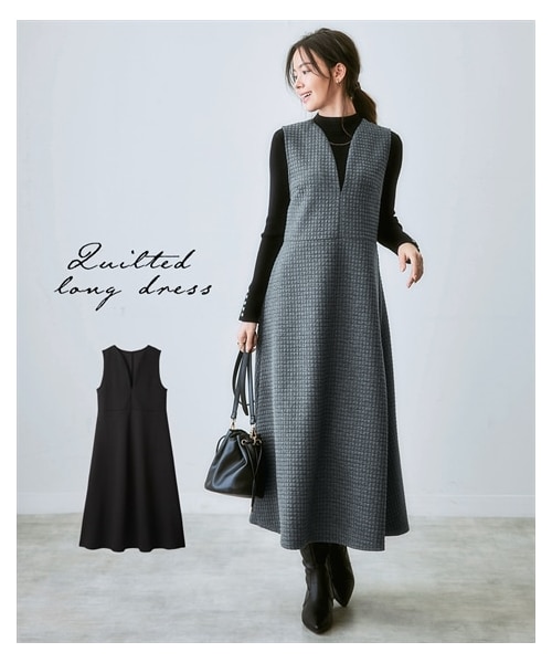 nissen（ニッセン）の「キルトロングワンピース（ワンピース・レディース・黒/チャコールグレー・S/M/L/LL）」の2枚目の写真