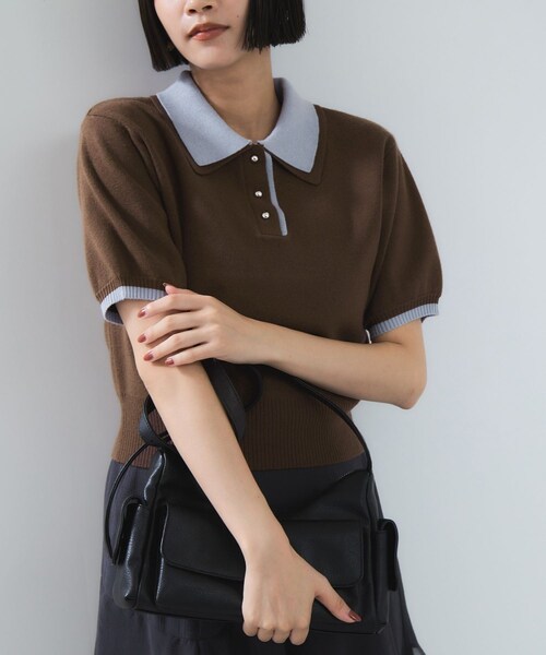 VIS（ビス）の「ダブルカラーポロトップス（ポロシャツ・レディース・チャコール/キナリ/ブラウン・F）」の16枚目の写真