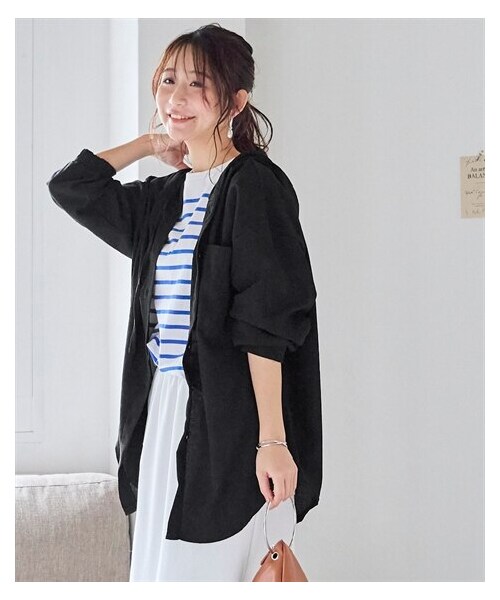 nissen（ニッセン）の「楊柳ビッグフードシャツパーカー（UVカット）＜大きいサイズ有＞（パーカー・レディース・ライトベージュ/アイスミント/黒・S/M/L/LL/3L）」の7枚目の写真