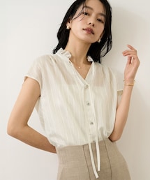 【WEB限定カラー】スタンドフリルスキッパーブラウス(無地・ピンストライプ)/イージーケア