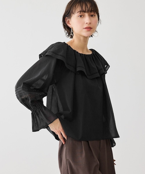 ROPE' PICNIC(ロペピクニック)の「お着軽シャツシリーズ レース使い2WAYオフショルシアーブラウス/接触冷感・通気性(シャツ/ブラウス・レディース・ブラック/ホワイト/ブルー系/イエロー・F)」の3枚目の写真