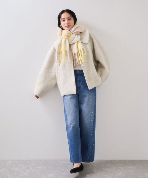 VIS（ビス）の「ふわふわフリンジチェックマフラー/静電気防止（マフラー・レディース・チャコール/ブラウン系/ブルー系/イエロー系・F）」の13枚目の写真