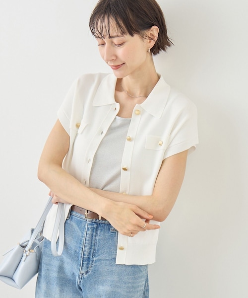 ROPE' PICNIC(ロペピクニック)の「八方映えニット 金ボタンフレンチスリーブポロカラーカーディガン/UVカット・接触冷感・イージーケア(カーディガン/ボレロ・レディース・ブラック/オフホワイト/ブラウン/サックス/ラベンダー・F)」の15枚目の写真