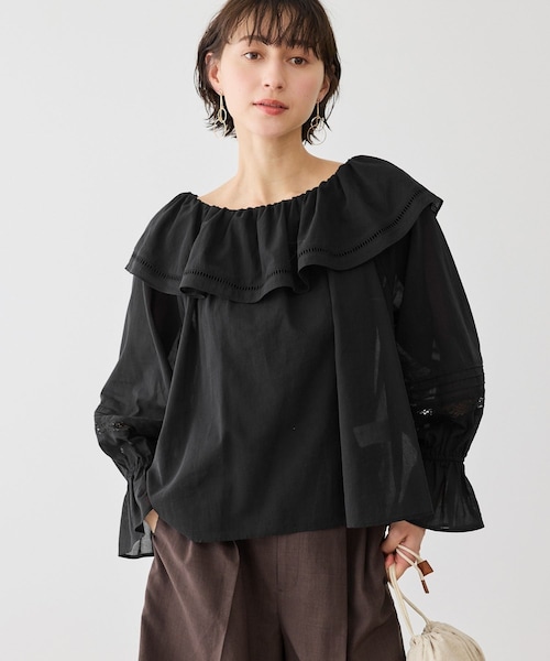 ROPE' PICNIC(ロペピクニック)の「お着軽シャツシリーズ レース使い2WAYオフショルシアーブラウス/接触冷感・通気性(シャツ/ブラウス・レディース・ブラック/ホワイト/ブルー系/イエロー・F)」の12枚目の写真