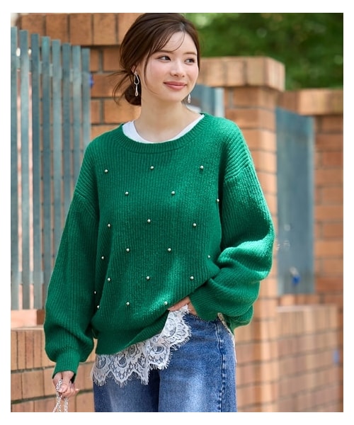 nissen（ニッセン）の「＜大きいサイズ＞ゆるシルエットスタッズドットニットプルオーバー（ニット/セーター・レディース・フォレストグリーン/黒・L~LL/3L~4L/5L~6L/8L/10L）」の11枚目の写真
