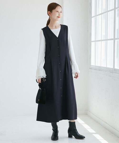 ROPE' PICNIC（ロペピクニック）の「ウエストタックジャンパースカート（ジャンパースカート・レディース・ブラック系/グレー/ライトグレー/ベージュ系/ネイビー・F）」の11枚目の写真