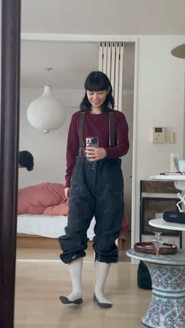 「アイテム（サスペンダー）」を使った、アボカドチーズナンさん（レディース・166cm）の冬コーディネート