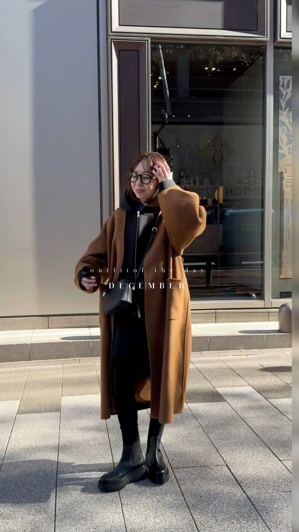 Super160s パフスリーブロングコート キャメル キャメルコートの着こなし