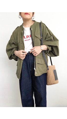 「アイテム（ミリタリージャケット）」を使った、SACHIさん（レディース・150cm）の春コーディネート