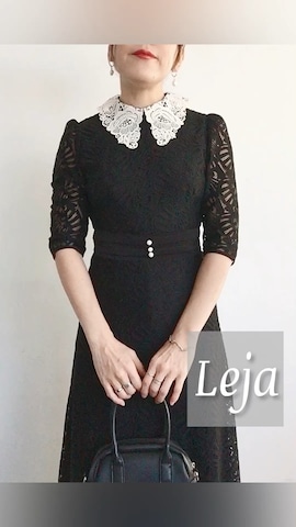 LEJA】レースビッグカラー花柄刺繍ウエストマークロングフレ