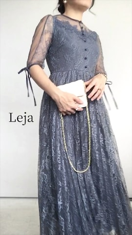 LEJA 異素材レースデコルテシアー袖リボンAラインドレス Leja（レジャ）の「【LEJA】異素材レースデコルテシアー袖リボン