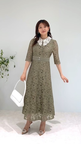 LEJA】レースビッグカラー花柄刺繍ウエストマークロングフレ