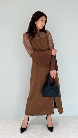 LEJA】レース切替スリットAラインロングドレスワンピース美脚効果結婚