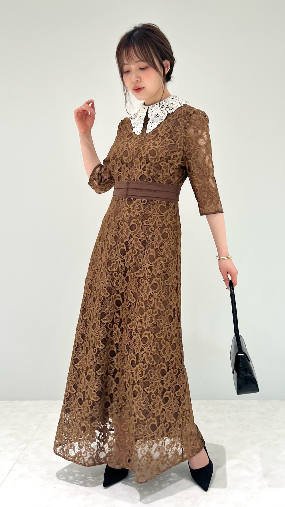 Leja レースビックカラー花柄刺繍ウエストマークロングフレアドレス セール】【LEJA】レースビッグカラー花柄刺繍ウエストマーク