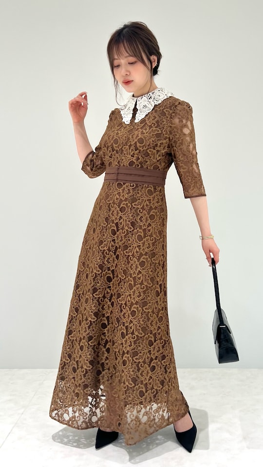 LEJA leja レースビッグカラー花柄刺繍ロングフレアドレスワンピース