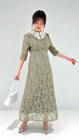 leja レースビッグカラー花柄刺繍ウエストマークロングフレアドレスワンピース セール】【LEJA】レースビッグカラー花柄刺繍ウエストマーク