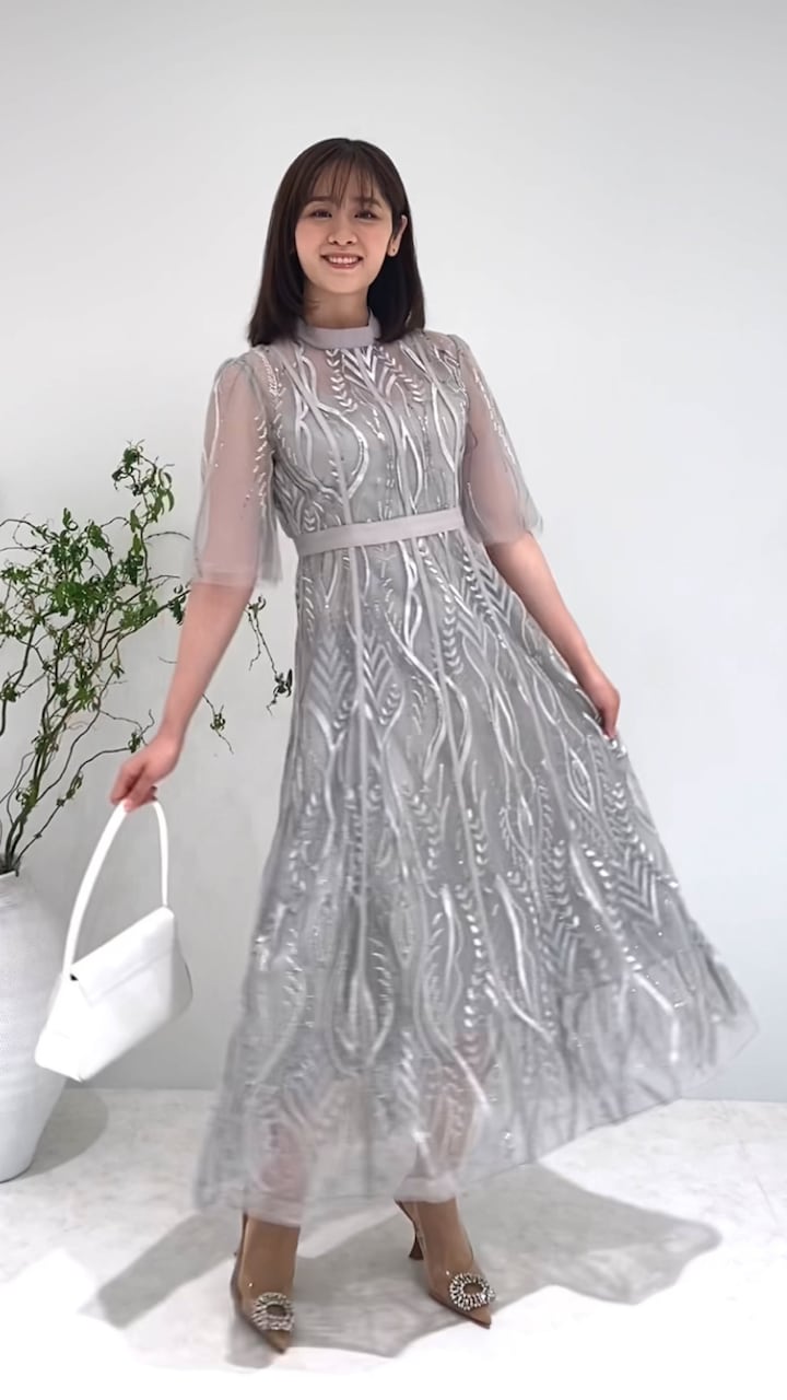 スパンコール刺繍レースプチハイネックフリルロングドレスワンピース美脚効果結婚式 スパンコール刺繍レースプチハイネックフリルロングドレス