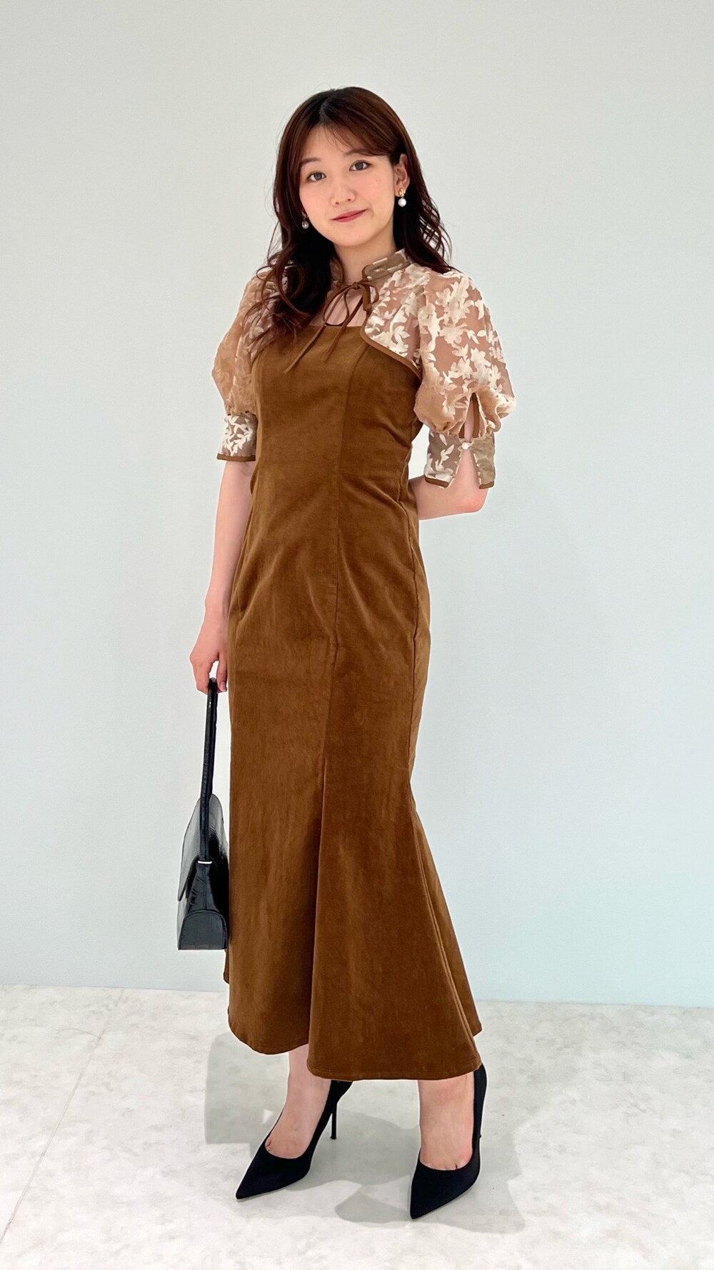 Leja 花柄ボレロセットアップマーメイドワンピースドレス　ブラウン　S レジャ Leja 花柄ボレロマーメイドワンピースセットアップロング