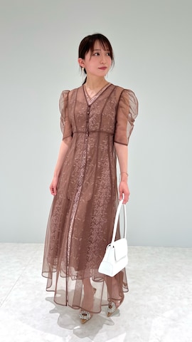 LEJA】花柄総レースパフスリーブウエストリボンキャミワンピース