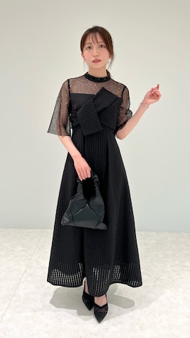 LEJA】ビスチェ風切り替えプチハイネック花柄シアーレースワッフル生地