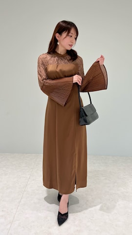 LEJA】レース切替スリットAラインロングドレスワンピース美脚