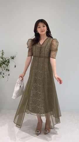 LEJA】花柄総レースパフスリーブウエストリボンキャミワンピース