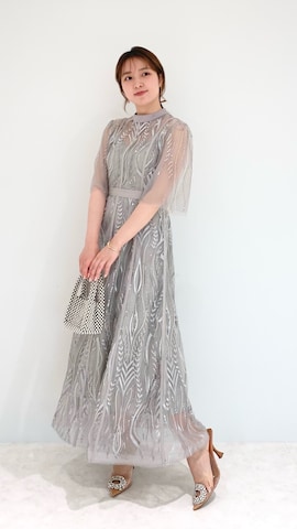 LEJA】スパンコール刺繍レースプチハイネックフリルロングドレス