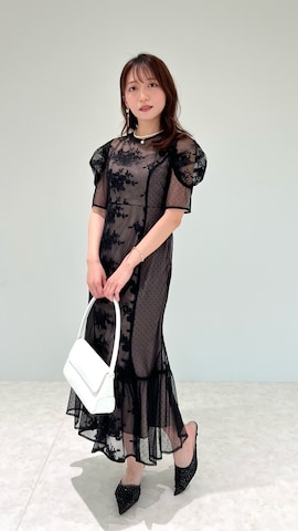 LEJA】異素材レースパフスリーブ切り替えウエストリボン美脚効果ドレス