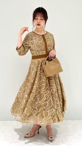 LEJA】花柄刺繍パイピングキラキラフレアロングドレスワンピース