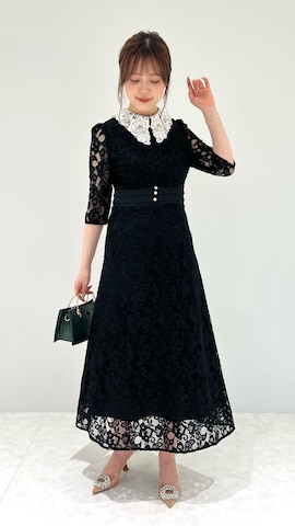 Lejaレース ビッグカラー花柄刺繍ウエストマークロングドレス ワンピース L セール】【LEJA】レースビッグカラー花柄刺繍ウエストマーク