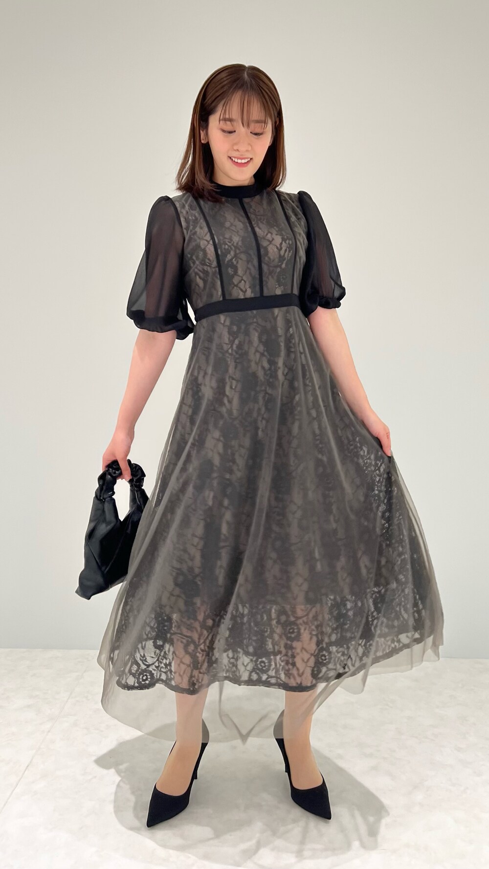 LEJA】美脚効果ハイウエストチュールレース切り替えドレスワンピース