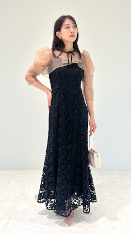 【LEJA】配色パイピングリボンパフスリーブシアーショートボレロ刺繍レース LEJA】配色パイピングリボンパフスリーブシアーショートボレロ