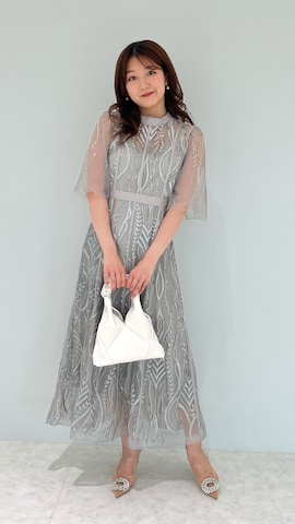 即購入◯スパンコール刺繍レースプチハイネックフリルロングドレスワンピース結婚式 LEJA】スパンコール刺繍レースプチハイネックフリルロングドレス