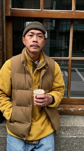 「アイテム（ダウンベスト）」を使った、Sauce さん（メンズ・172cm）の冬コーディネート