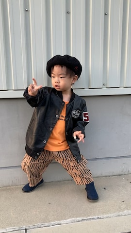 「アイテム（ライダースジャケット）」を使った、lenlen23さん（キッズ・90cm）の秋コーディネート