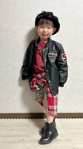 「アイテム（ライダースジャケット）」を使った、lenlen23さん（キッズ・90cm）の春コーディネート