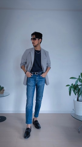 「アイテム（テーラードジャケット、シルバー系）」を使った、jeymensoutfitさん（メンズ・178cm）の夏コーディネート